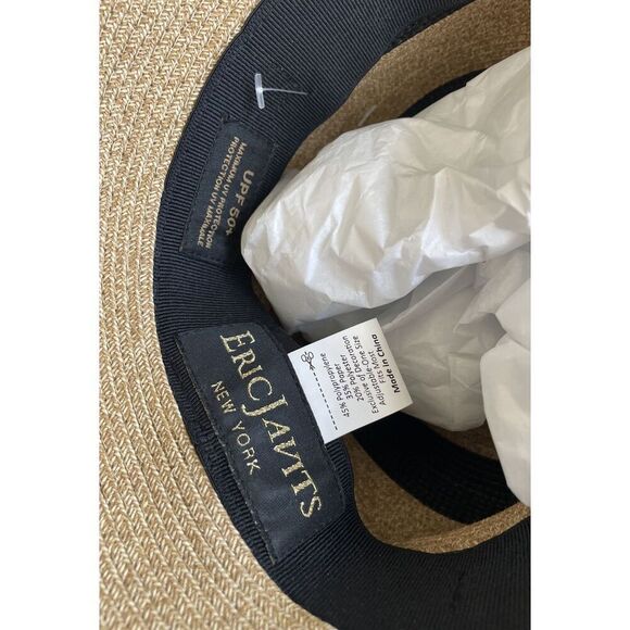 $240 New Eric Javits Women\'s Packable Stripe Bucket Straw Hat~ Black and Tan main image 7